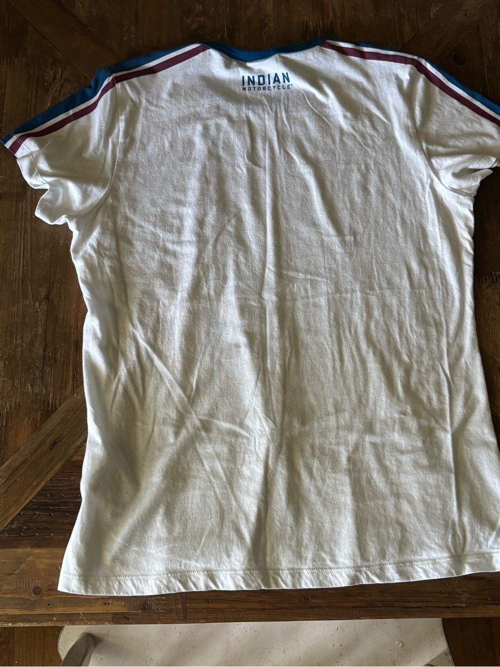Indian Motorcycle Women’s White Logo Tee with Blue & Maroon Striped Accents - Picture 8 of 8